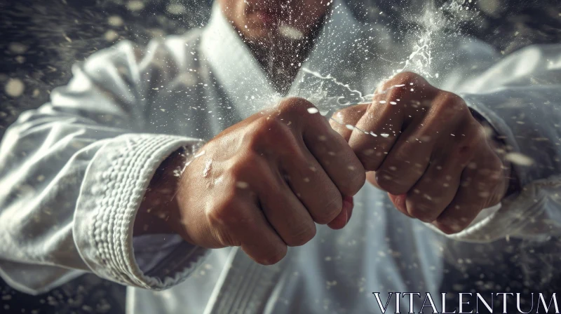 Karate Man Pushing Fist Forward - Water Drops, Textural Surface Treatments AI Image