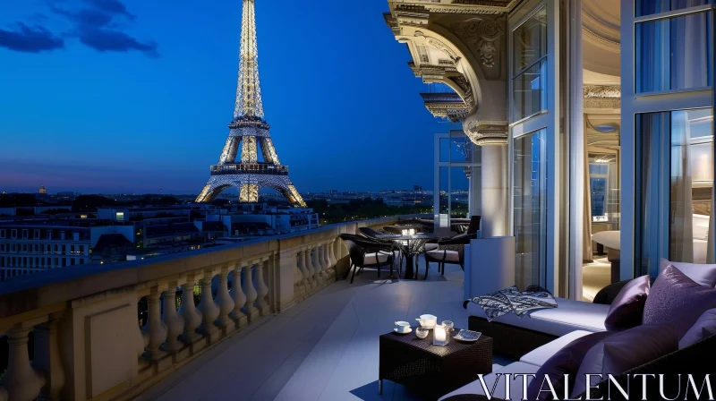AI ART Luxurious Night View of Paris from Hotel Room with Eiffel Tower