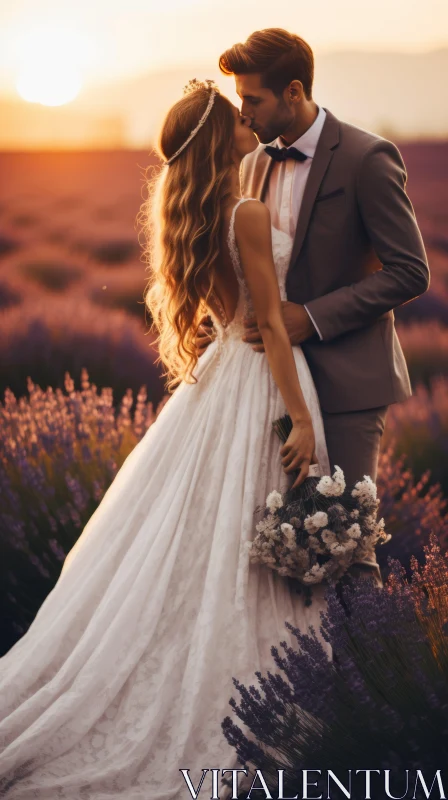 Romantic Wedding Scene in Lavender Field at Sunset AI Image