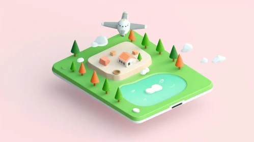 Serene 3D Illustration of Mobile Phone with House, Trees, and Lake