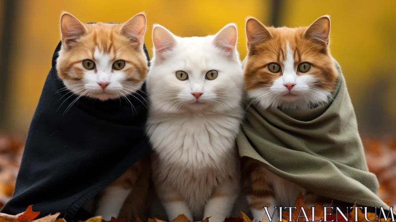 Three Cats on Autumn Leaves AI Image