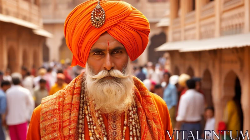 Traditional Indian Man in Orange Turban on Busy Street AI Image
