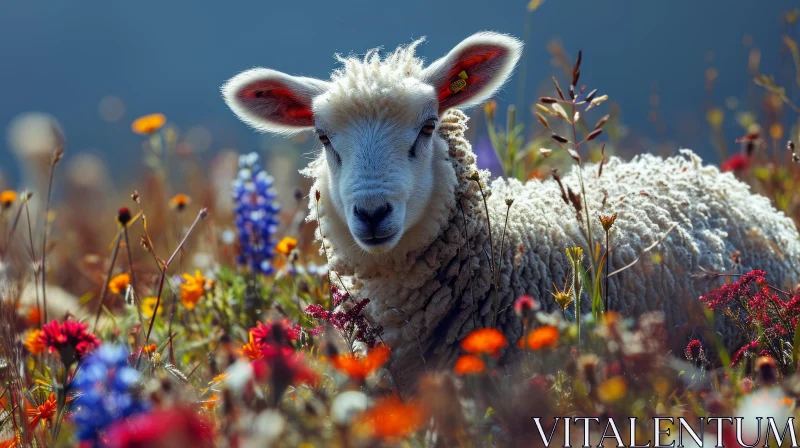 AI ART White Sheep in Colorful Flower Field - Majestic Nature Image