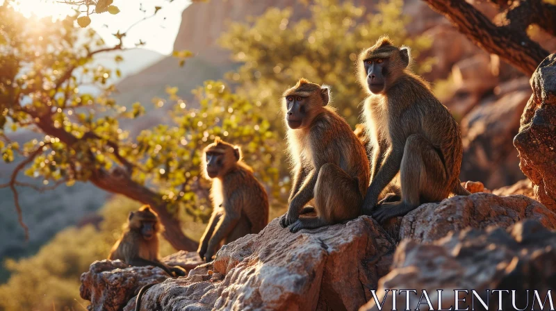 Wild Baboons in African Savannah | Setting Sun Illumination AI Image