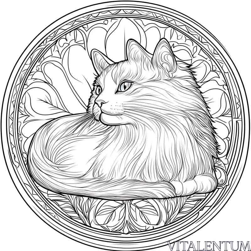 Intricate Cat Line Art in Circular Design AI Image