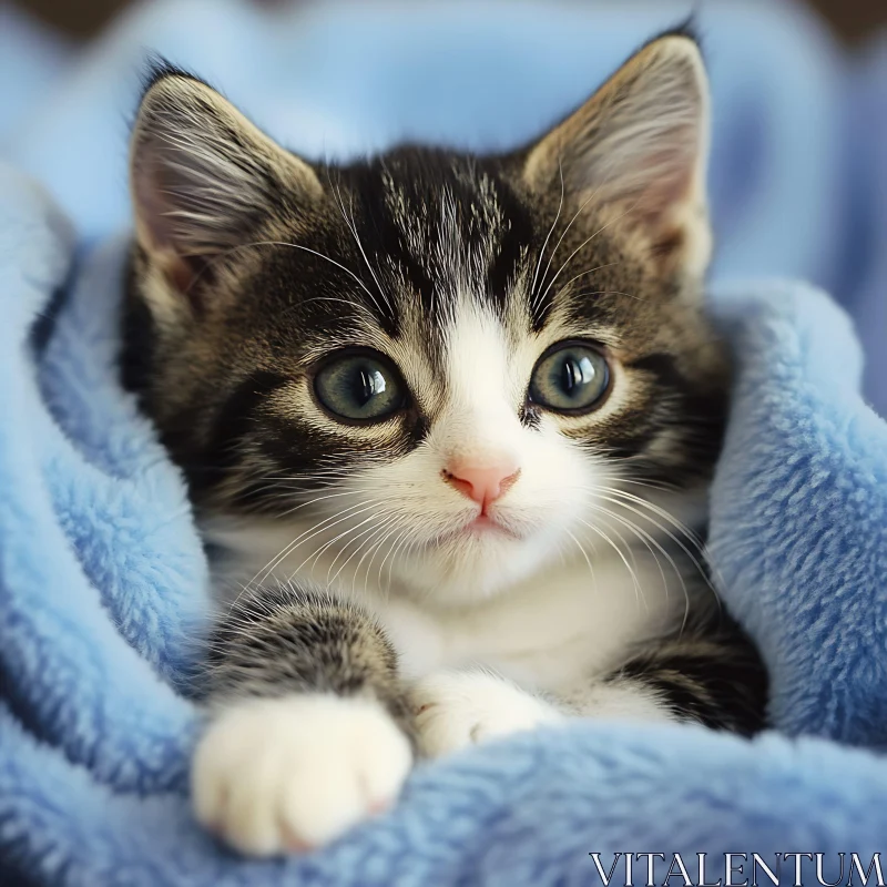 Cute Kitten Snuggled in Blue Blanket AI Image