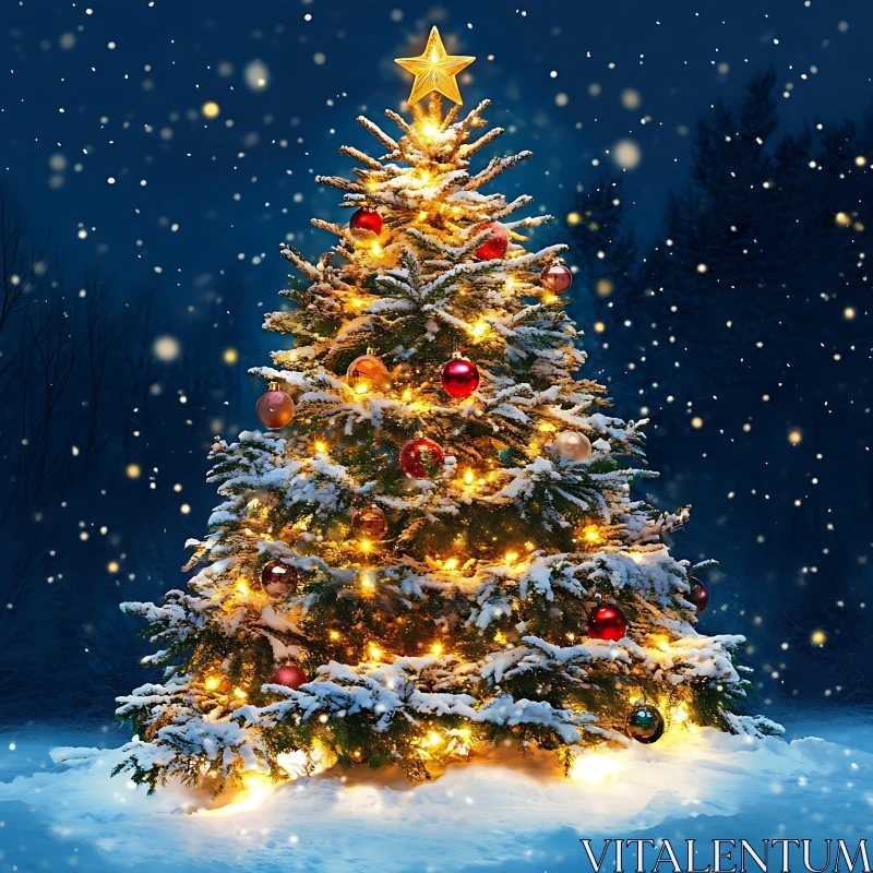 Festive Illuminated Christmas Tree in a Winter Wonderland AI Image