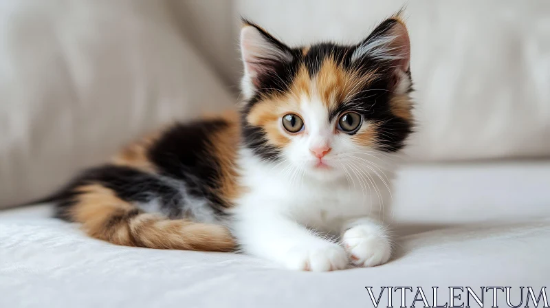 Charming Calico Kitten on Soft White Bedding AI Image