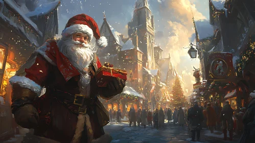 Santa Claus Holding Gift in Snowy Christmas Village