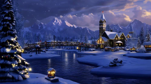 Snowy Holiday Village with Festive Lights and Mountains