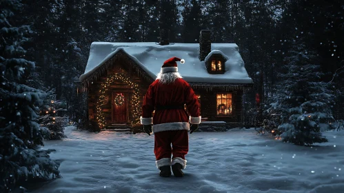 Festive Night: Santa Walking to Lighted Cabin