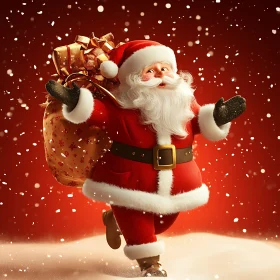 Santa Claus in Snowfall with Gift Bag - Festive Holiday Image