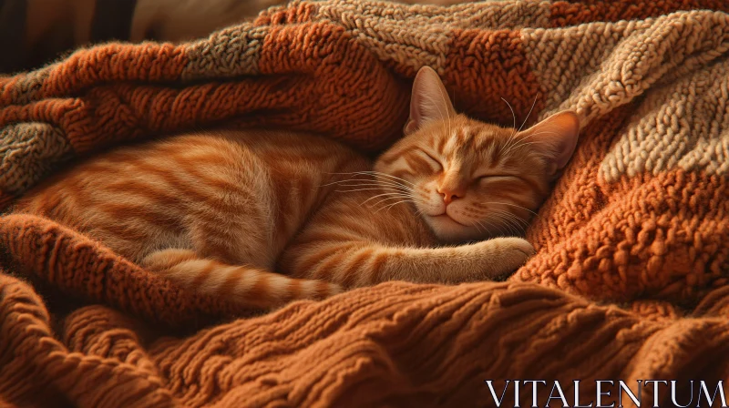 AI ART Peaceful Ginger Cat Sleeping in Warm, Knitted Blanket