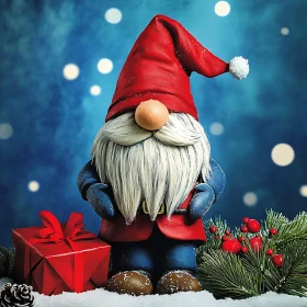 Christmas Gnome with Red Gift Box and Snowy Background