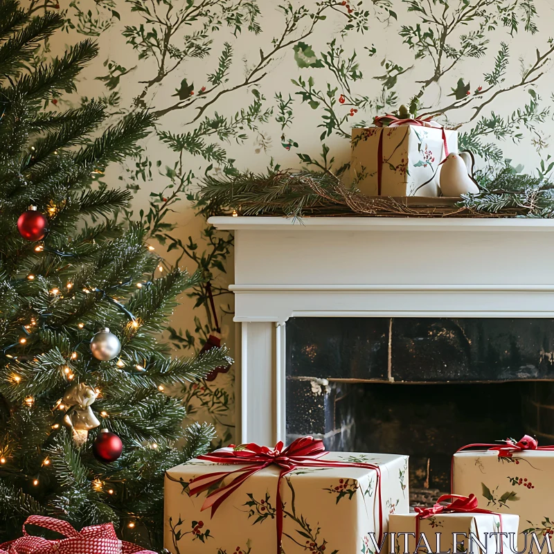 Festive Christmas Fireplace and Holiday Decor AI Image