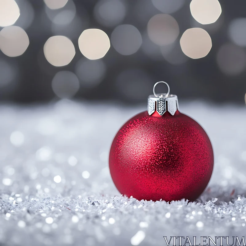 Red Holiday Ornament on Snowy Bed with Warm Bokeh Lights AI Image