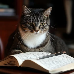 Thoughtful Cat with Notebook and Pen