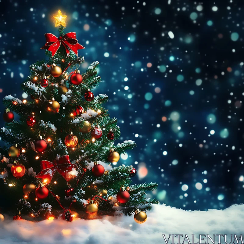 Festive Christmas Tree with Snow and Lights AI Image