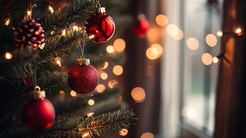 Festive Christmas Tree with Red Baubles and Bokeh Lights