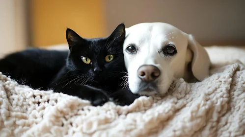 Charming Companionship of Cat and Dog on Soft Blanket