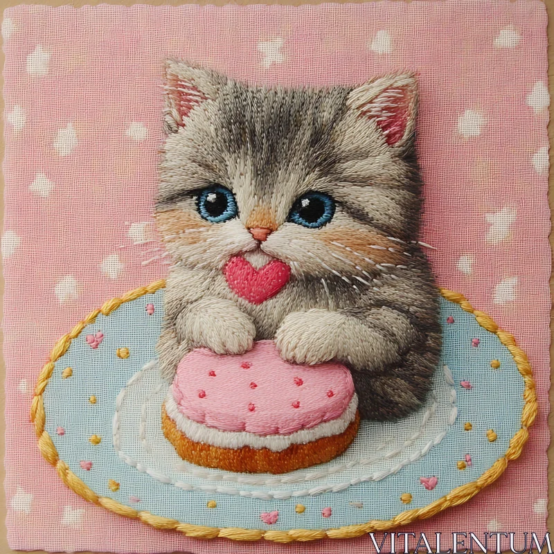 Cute Kitten Embroidered Art AI Image