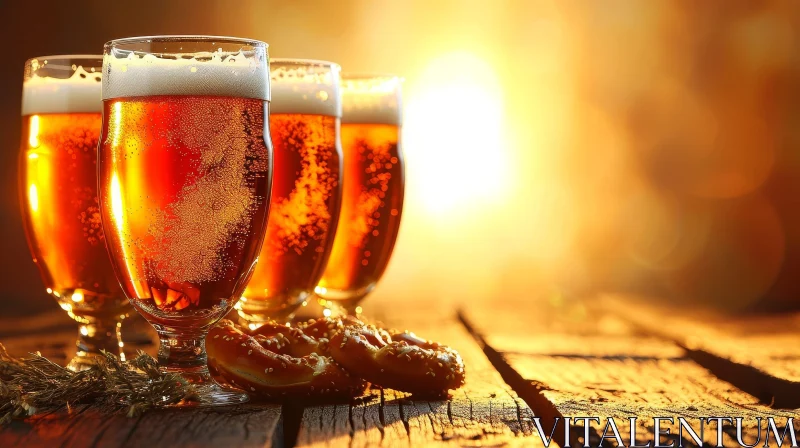 Beer and Pretzels on a Rustic Wooden Table AI Image