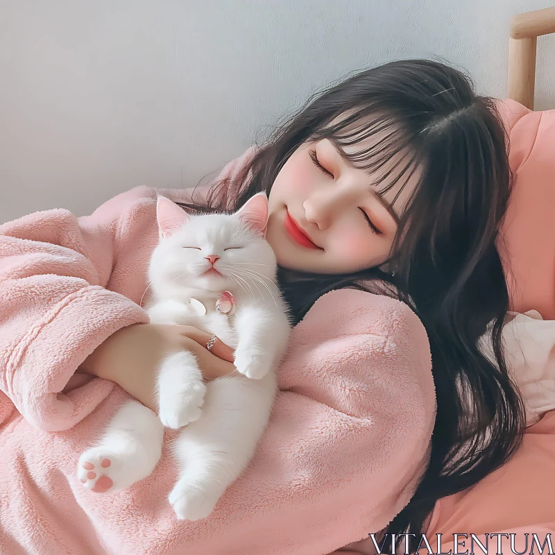 Peaceful Cuddle Between a Girl and Her Cat AI Image