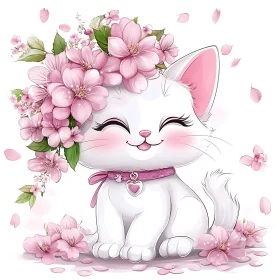 Happy White Kitten with Pink Flowers