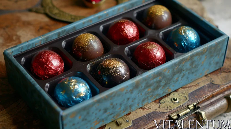 Close-up of a Blue Leather Box with Nine Chocolates AI Image