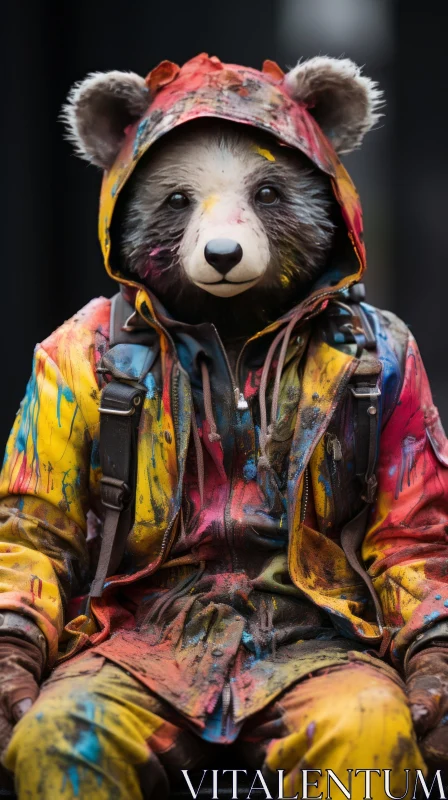 Colorful Costumed Bear in Urban Setting - Photorealistic Art AI Image