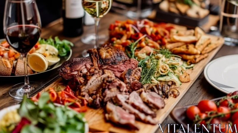 AI ART Delicious Grilled Meats and Wine on a Wooden Cutting Board