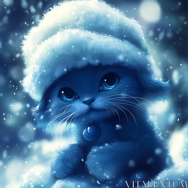 Cute Kitten with Fluffy Hat in Snow AI Image