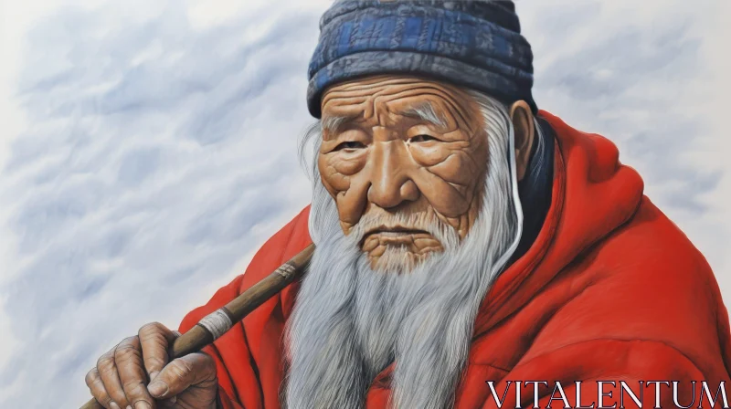Elderly Asian Man Portrait with Pipe AI Image