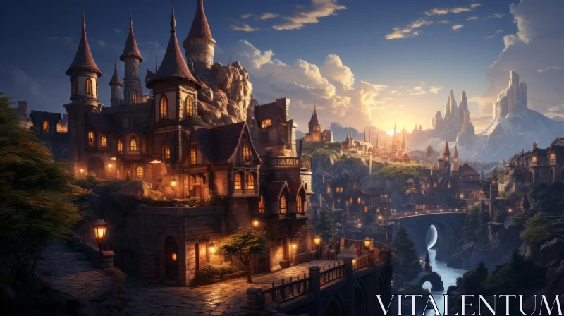 Enchanting Medieval Fantasy Town and Castle at Dusk AI Image