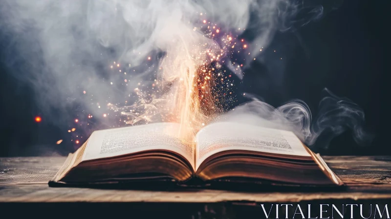 Enigmatic Open Book with Smoke and Sparkles on Wooden Table AI Image