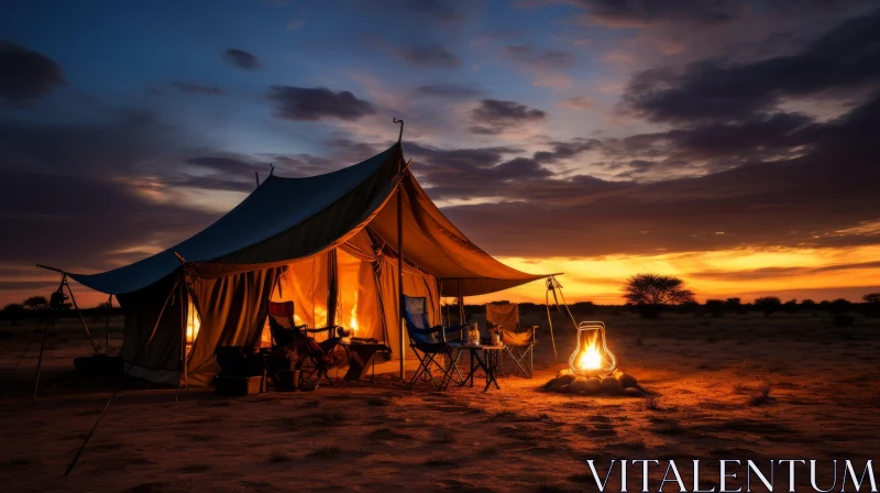 Exotic Atmosphere: A Tent with Campfire on the Sand AI Image