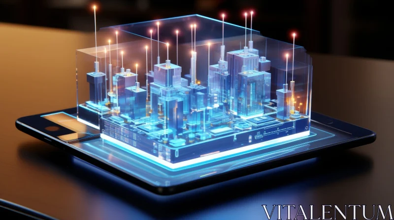 AI ART Futuristic City 3D Rendering in Transparent Cube on Tablet Screen