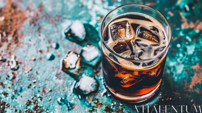 Glass of Cola with Ice Cubes on Rusty Metal Background AI Image