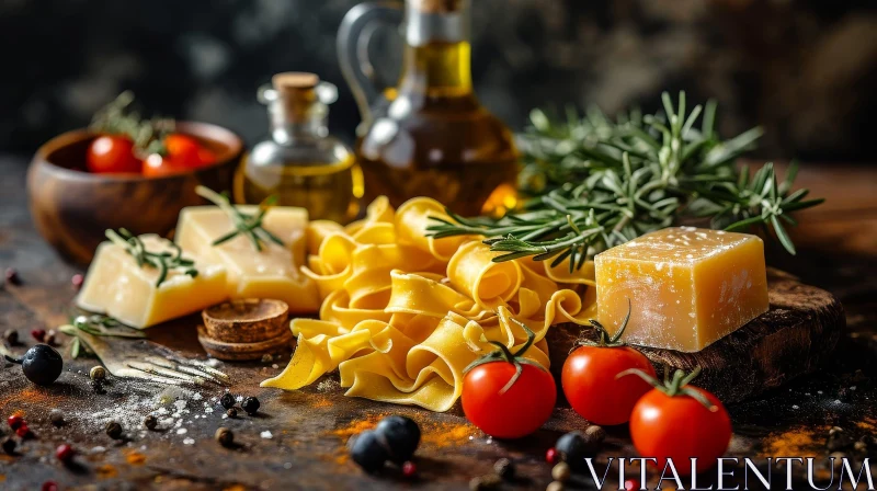 Italian Food Still Life: Cherry Tomatoes, Cheese, Rosemary AI Image