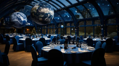 Luxurious Blue Cosmic-Themed Table Setting in Large Hall