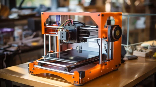 Orange 3D Printer on Wooden Table