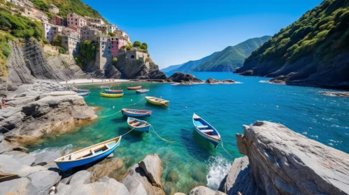 Tranquil Beach Scene with Colorful Houses and Rowboats