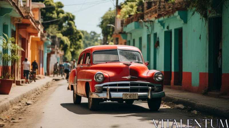 Vintage Car Journey in a Colorful Cuban Street AI Image