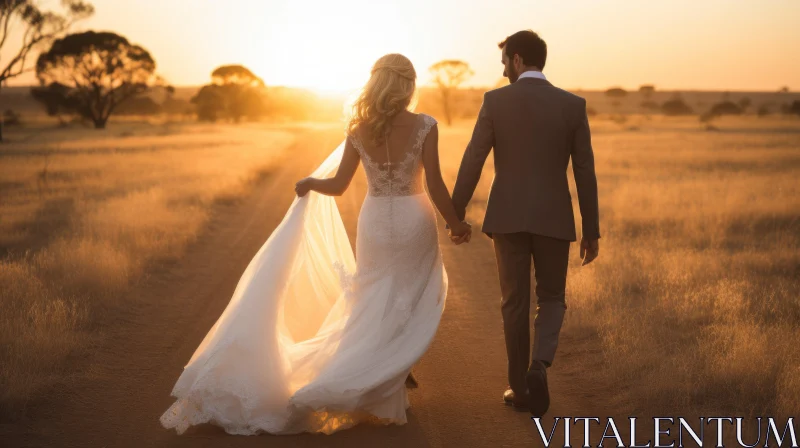 Wedding Portrait: Bride and Groom in Sunset Outback AI Image