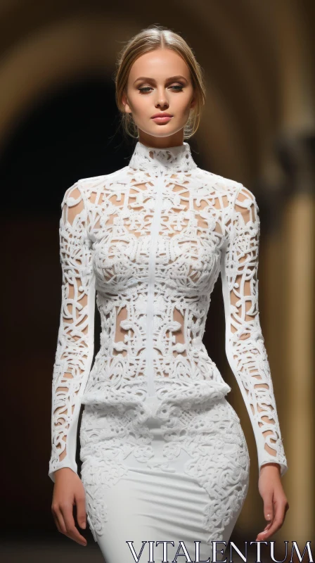 White Lace Dress on the Runway: Intricate Cut-Outs and Hyper-Realistic Details AI Image