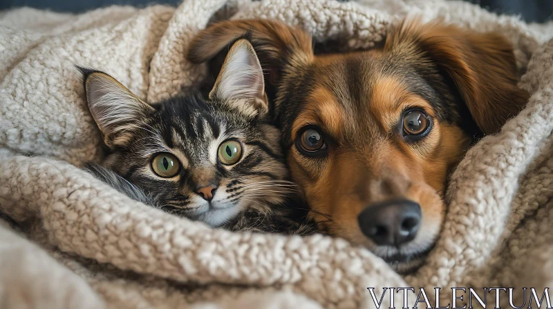 Cute Cat and Dog Cuddling Under Blanket AI Image