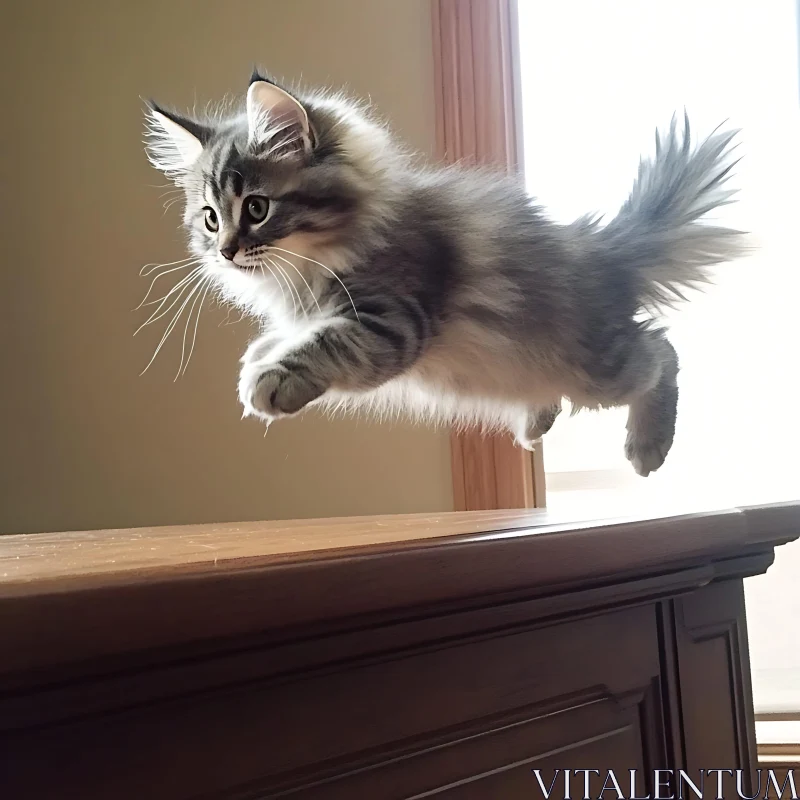 Fluffy Cat Jumping Indoors AI Image