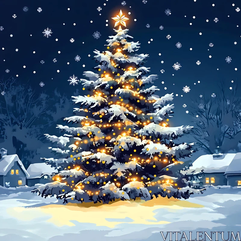 Festive Christmas Tree with Warm Lights in Snow AI Image