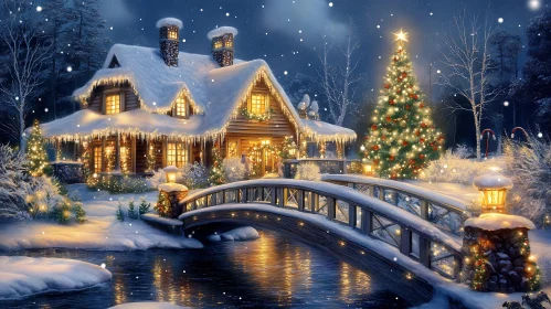 Holiday Cabin with Festive Lights and Snowy Bridge