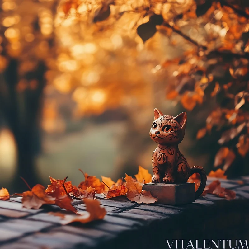 AI ART Autumn Leaves and Ceramic Cat Figurine